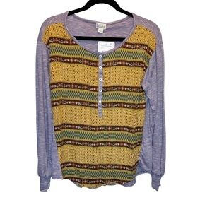 Baea Nordstrom Mixed Pattern Long Sleeve Henley Style Top Purple Gold Medium New